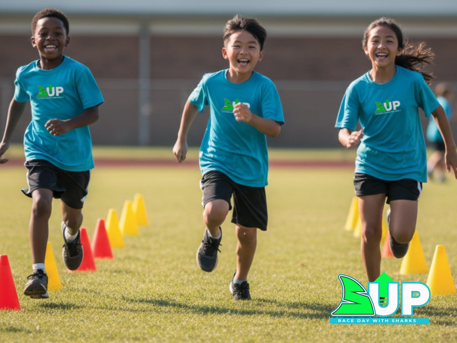 Three kids in FinsUp shirts sprinting through training cones on a school field